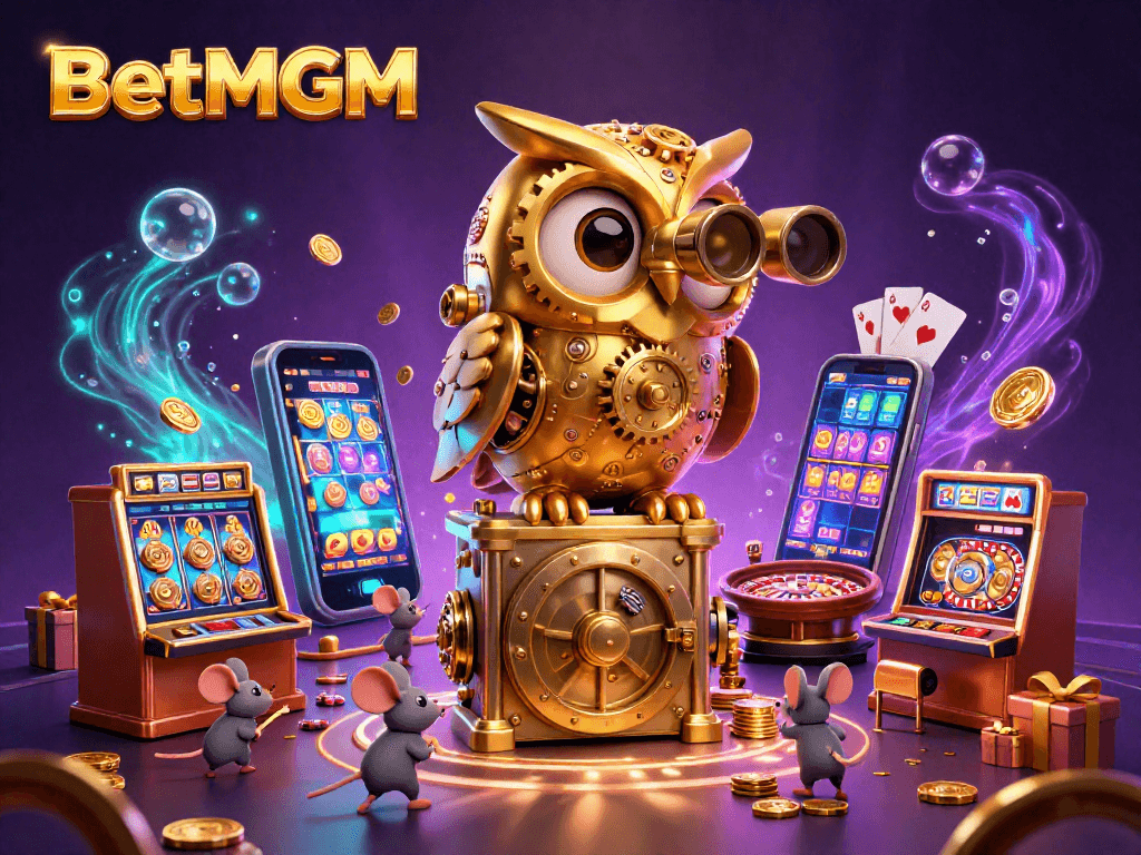 Engage with BetMGM at a magical casino scene full of colorful slots and vibrant game elements.