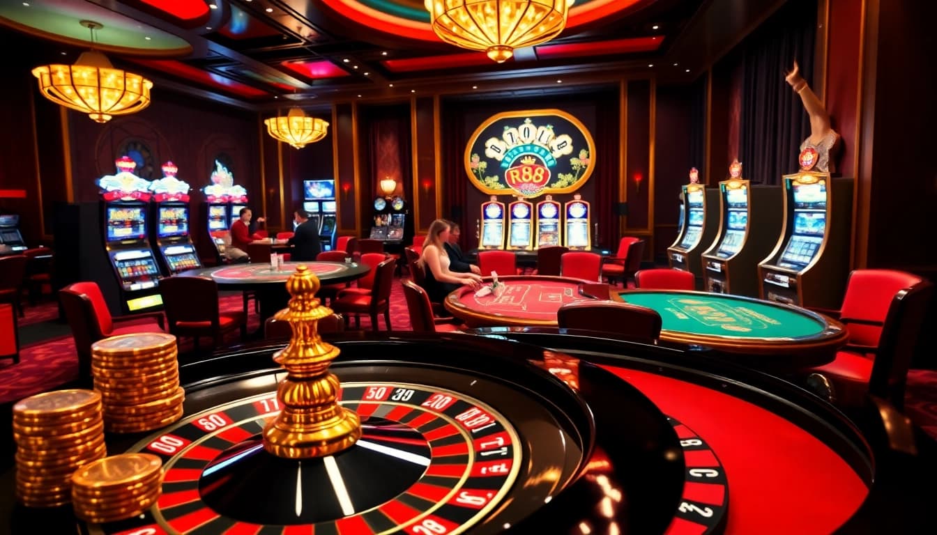 The rr88 casino features an elegant roulette wheel and lively players at poker tables, capturing the thrill of online gambling.