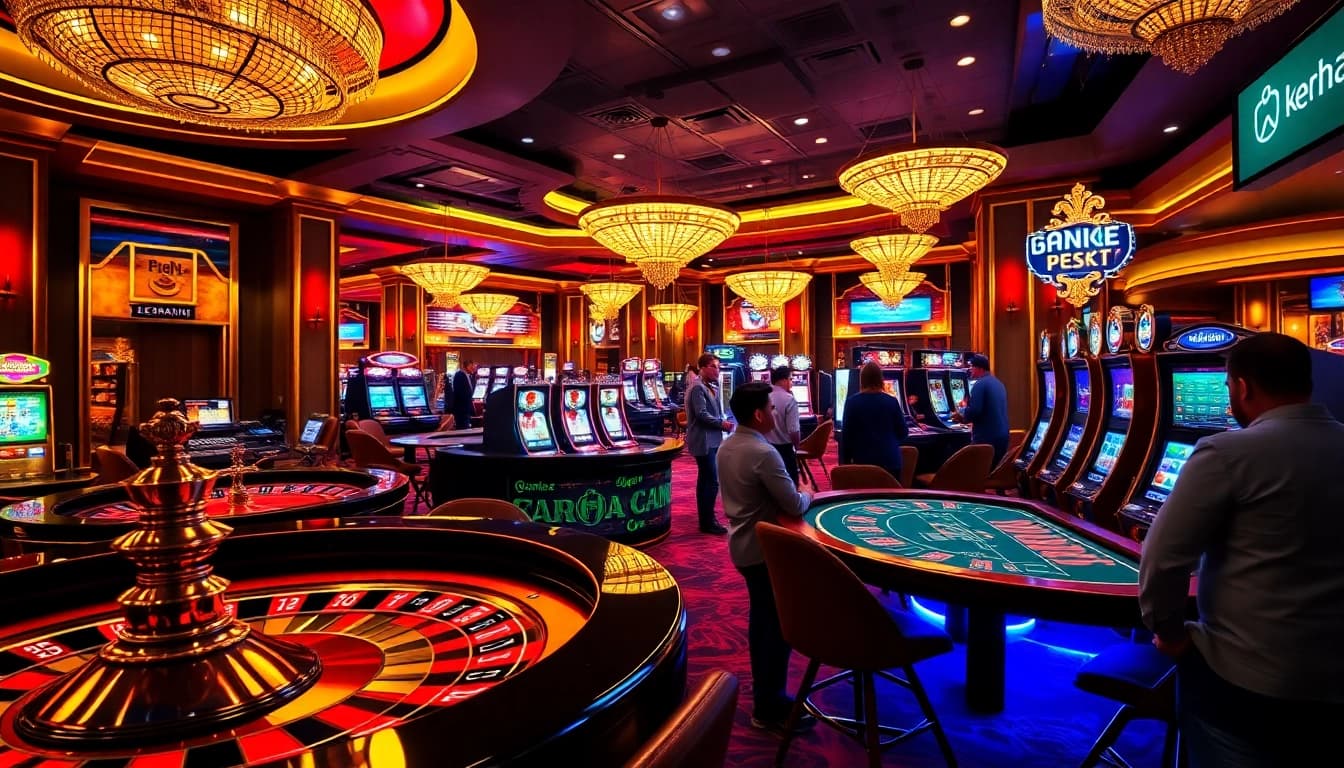 Exciting casino scene with vibrant games showcasing keonhacai 5 elements and players engaged in bets.