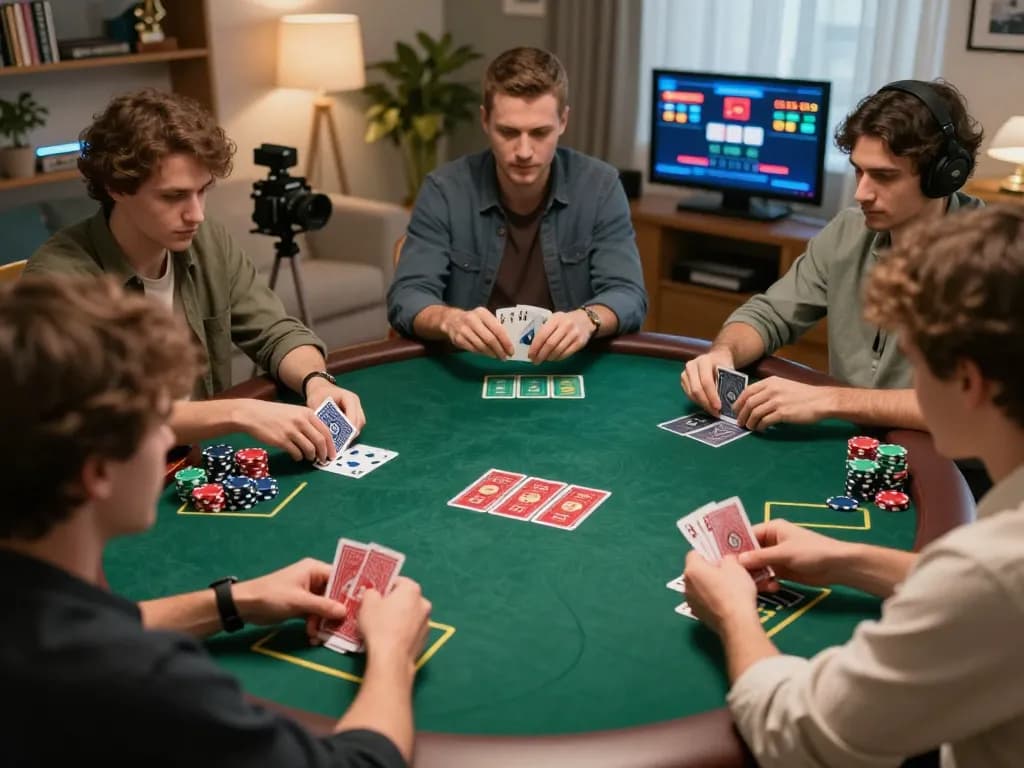 Players engaged in an online poker game on x333, showcasing strategy and excitement in a cozy home setting.