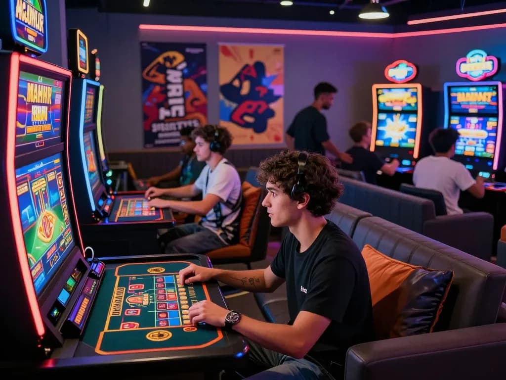 NK88 trang chủ showcasing vibrant online gaming platform with players enjoying various games in an exciting lounge setting.