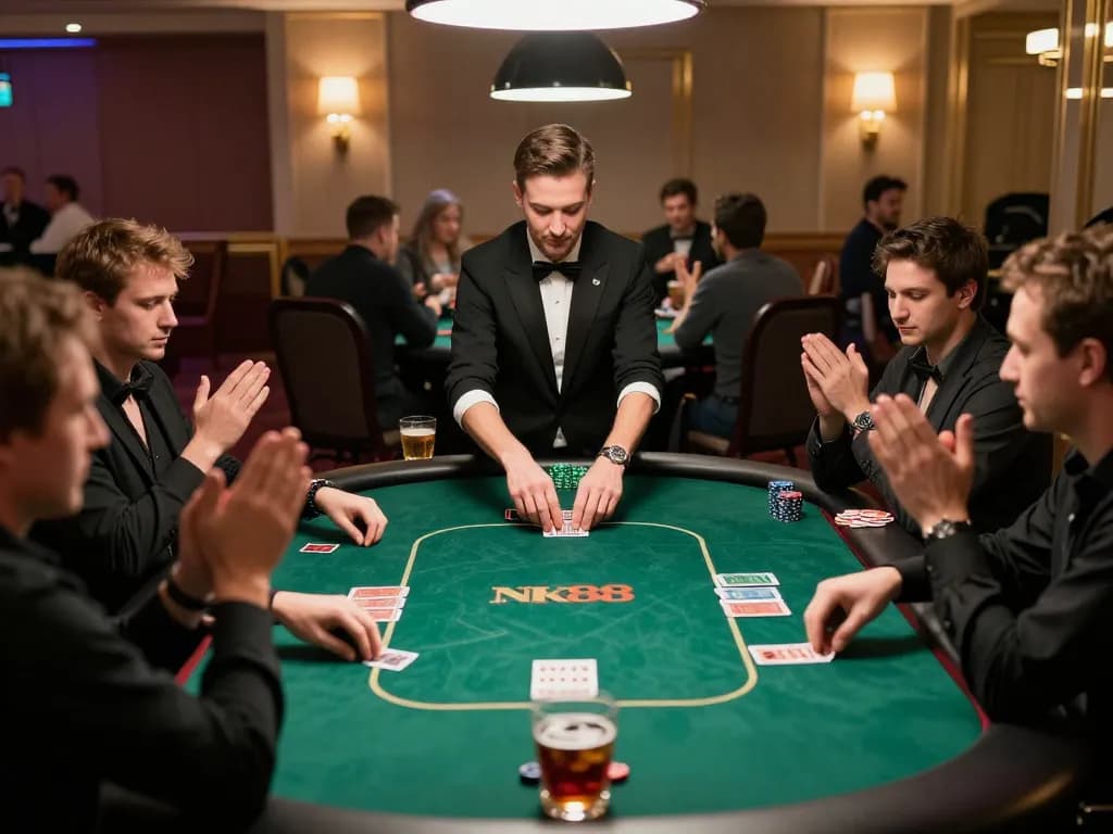 Players enjoying competitive poker at NK88, showcasing strategies and high-stakes gameplay in a vibrant casino atmosphere