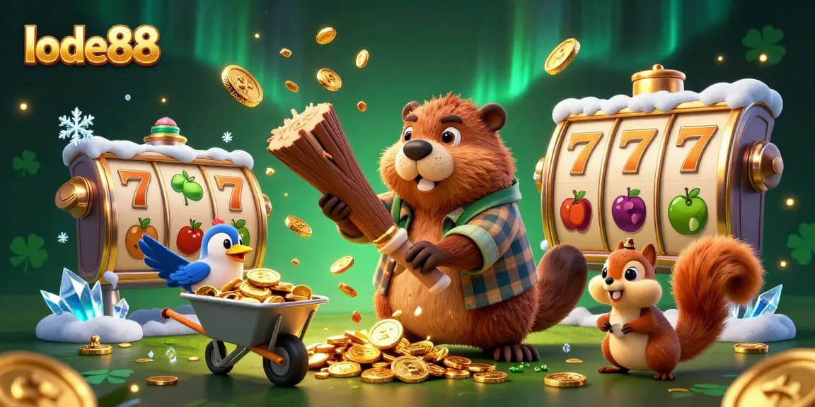 Experience excitement at lode88 with a cartoon beaver and coins flying in a vibrant casino scene.