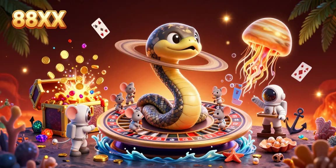 Engage with thrilling gaming at 88XX as astronaut mice place bets on a cosmic roulette wheel.