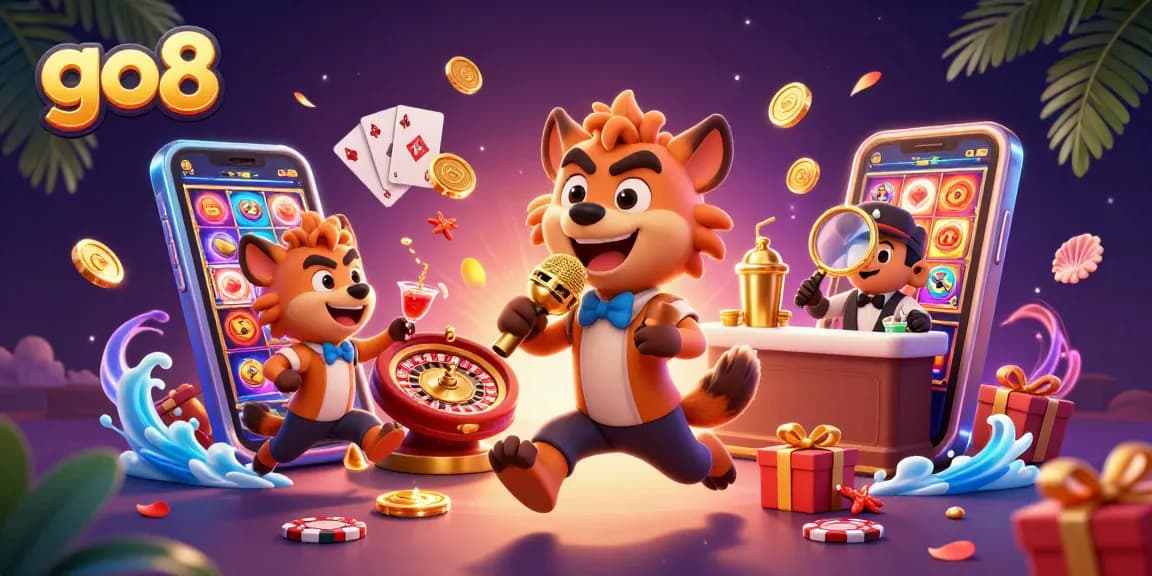 Experience the thrill at go8's casino with hyenas adding fun to a vibrant slot game scene.