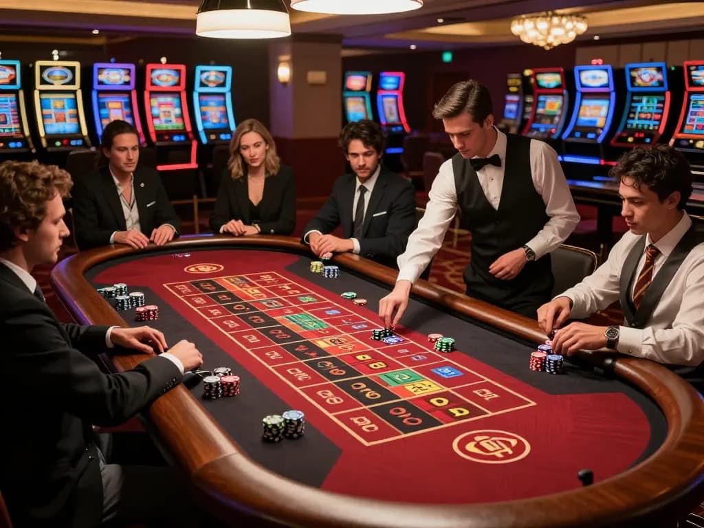 Experience thrilling roulette action at 75W casino with elegant players and dynamic croupier spin.