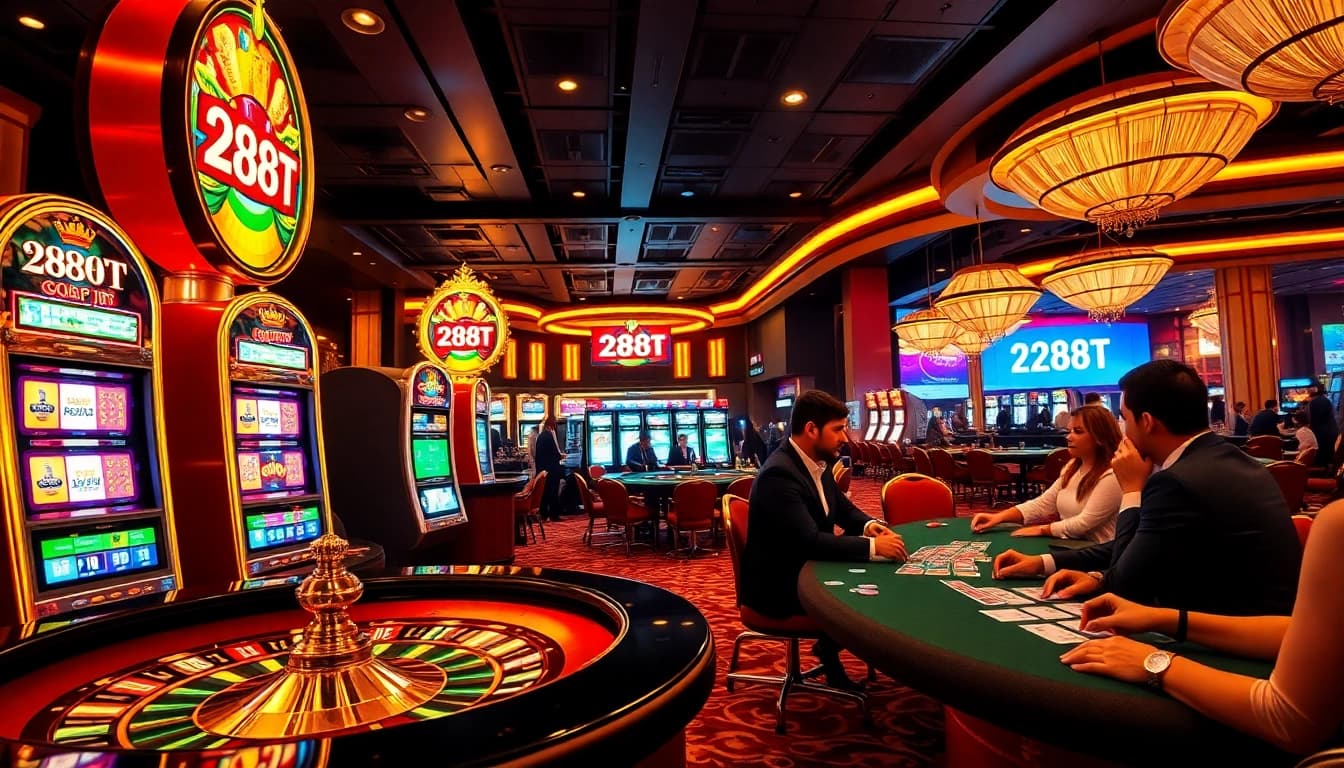 Players enjoying a thrilling game experience at 288T casino, showcasing vibrant slots and poker tables.