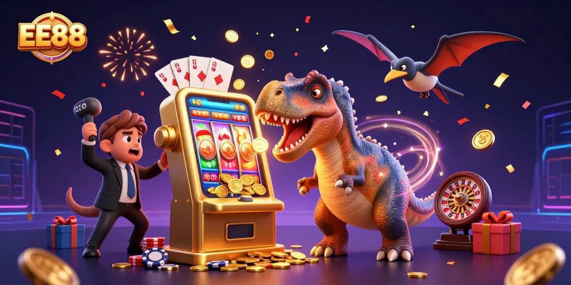 EE88 casino features a pachycephalosaurus winning coins from a slot machine in exciting gameplay.