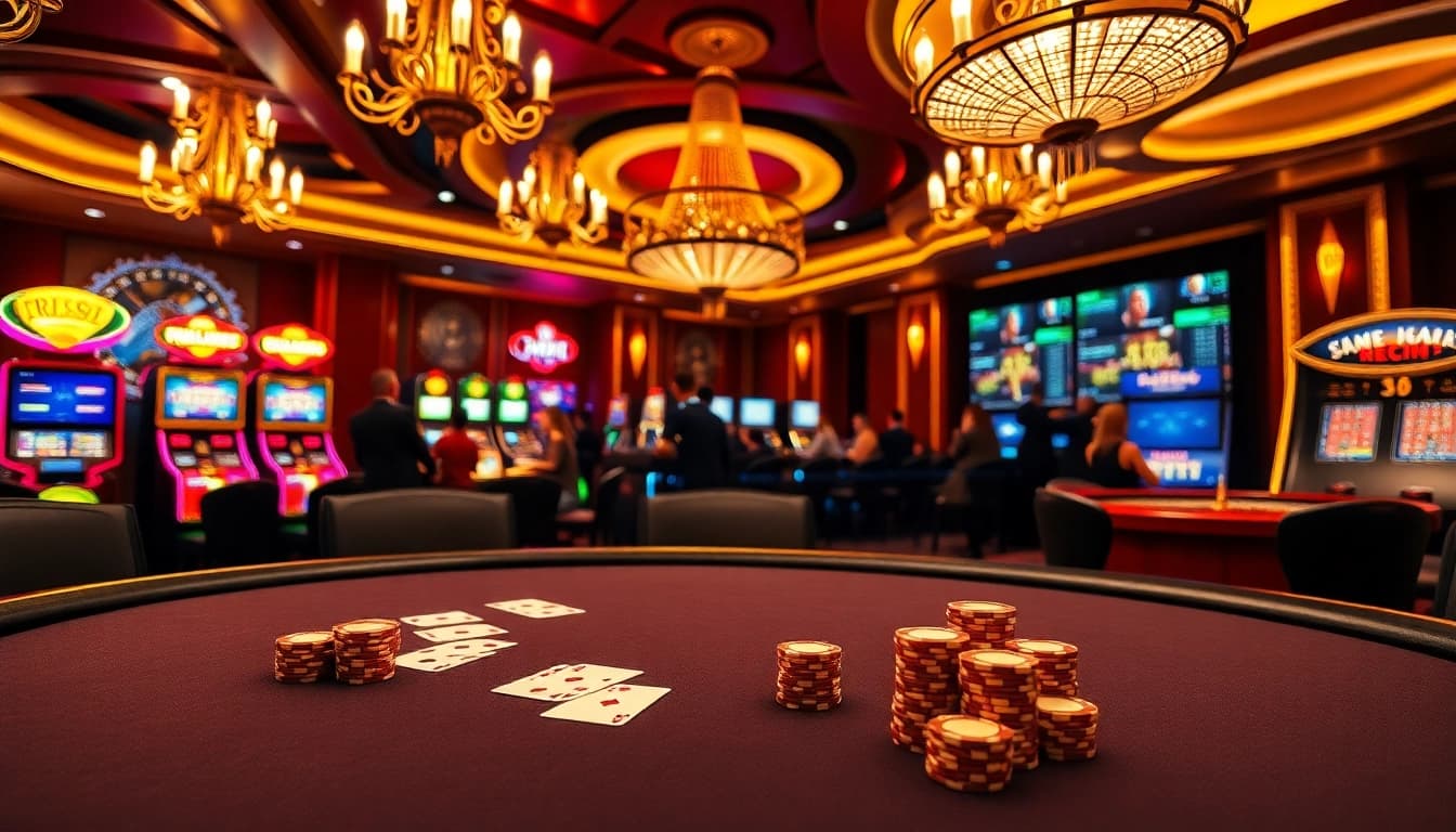 Exciting gaming atmosphere at RR88 featuring an elegant poker table, vibrant slot machines, and luxury ambiance.