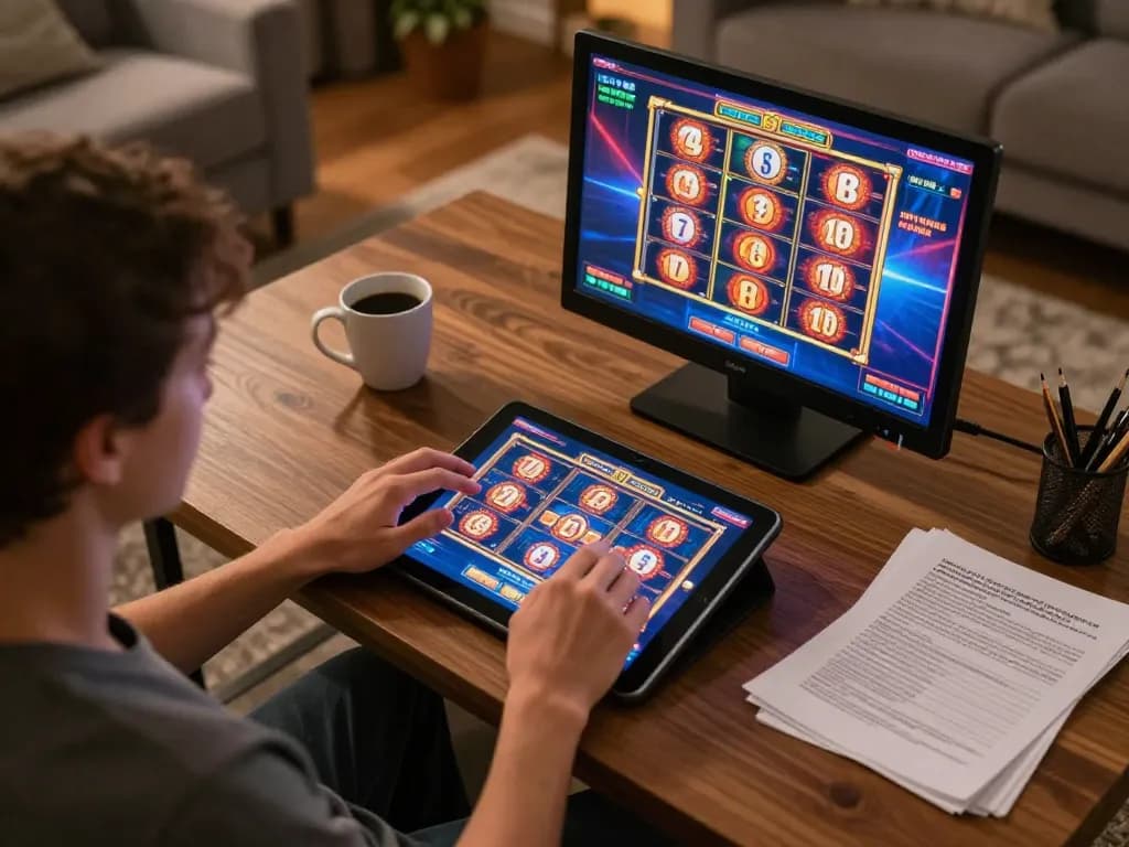 Engaging in online slot games with 27G on a cozy tablet in a warm home setting