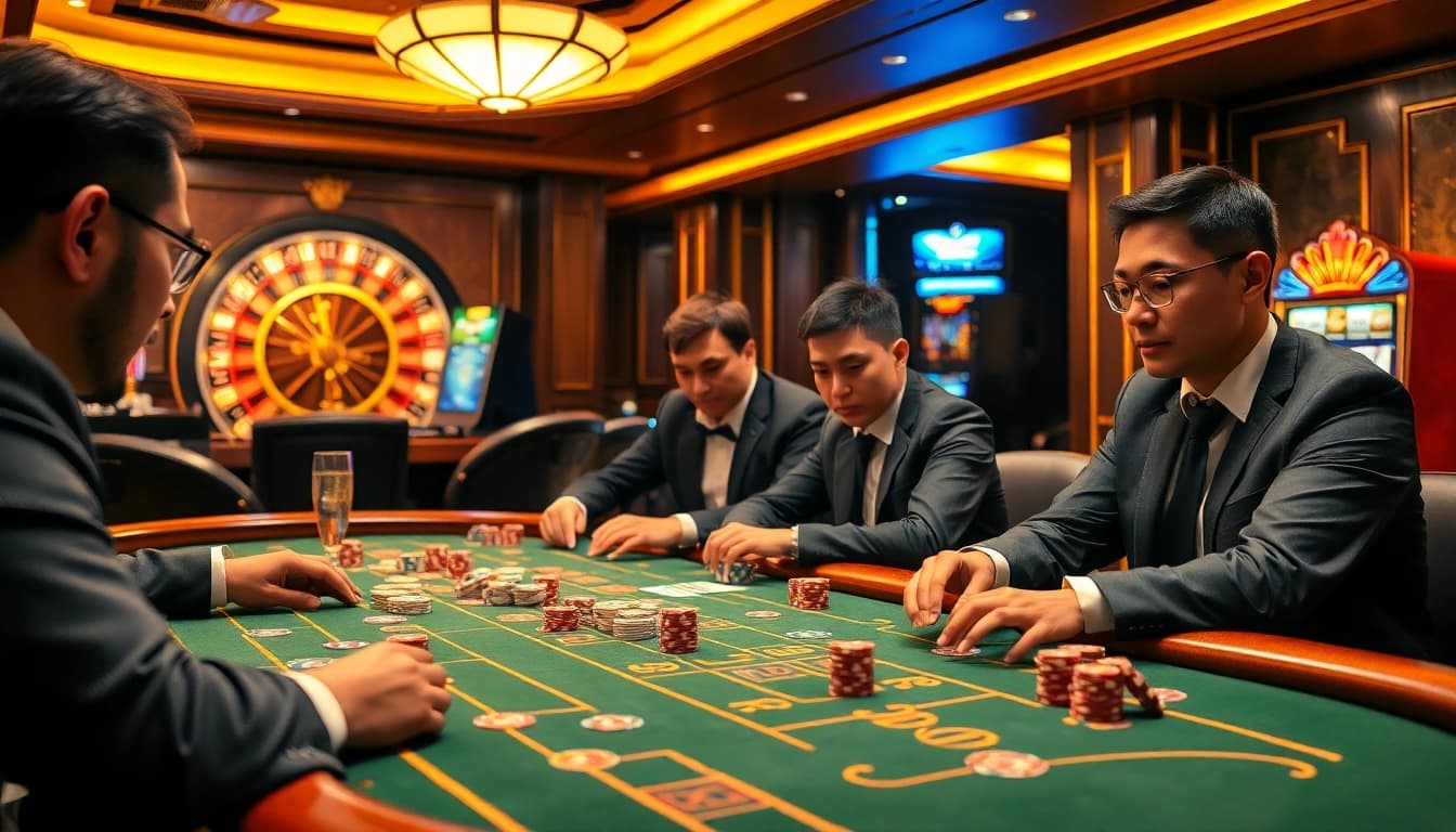 Bongdanet casino ambiance showcasing players at a poker table with vibrant chips and roulette wheel
