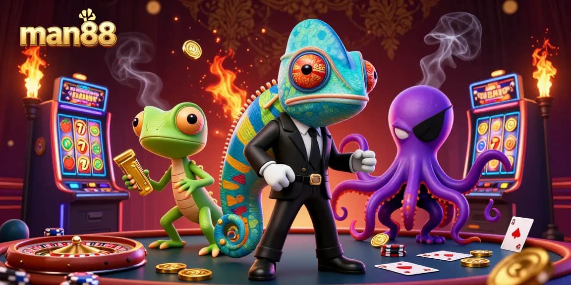Spin to win at man88 with the chameleon hero and colorful casino games.