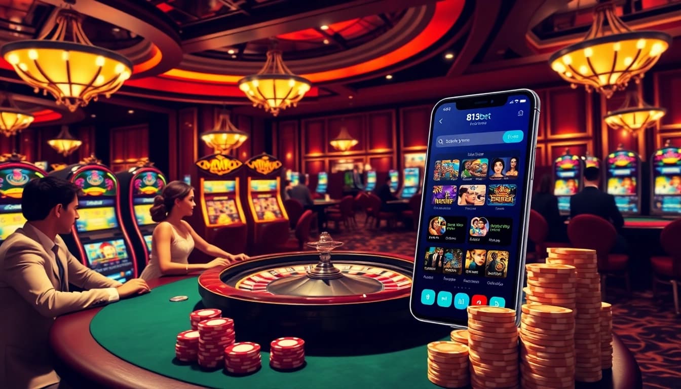 Cena empolgante de jogos de cassino, com jogadores na roleta e nas máquinas caça-níqueis da 813bet.
