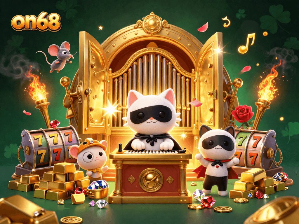Experience on68's thrill with a vibrant 3D casino scene featuring a phantom cat, treasures, and dynamic slot elements.