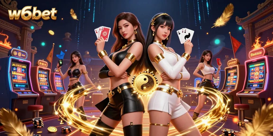 Participe de jogos emocionantes no w6bet com uma incrível dupla feminina asiática exibindo cartas de jogo dinâmicas.