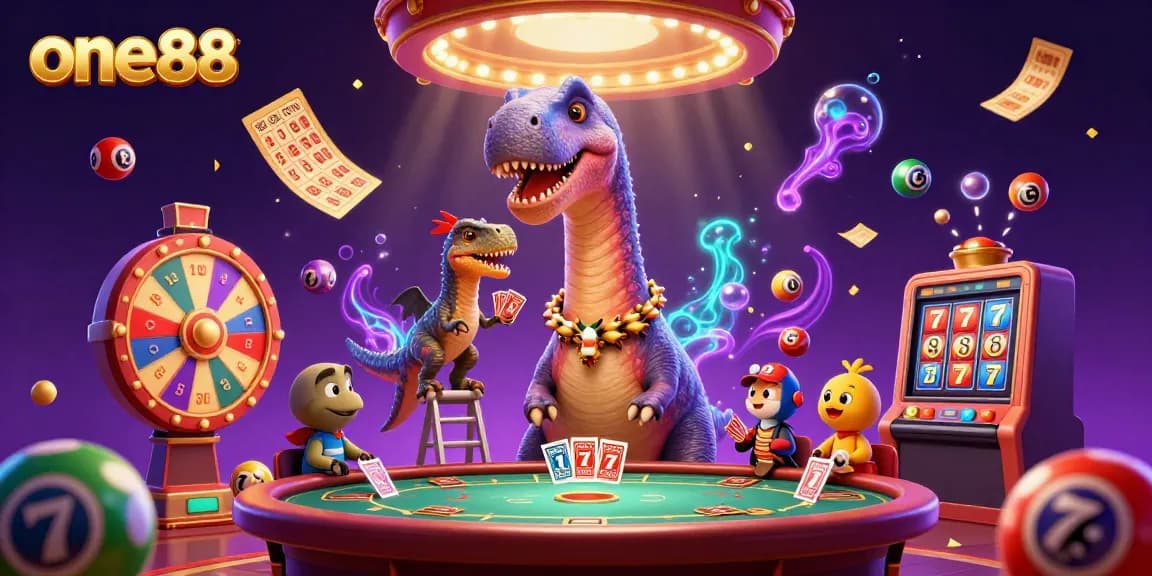 Experience thrilling gaming with one88 as a giant brontosaurus oversees a vibrant casino scene.