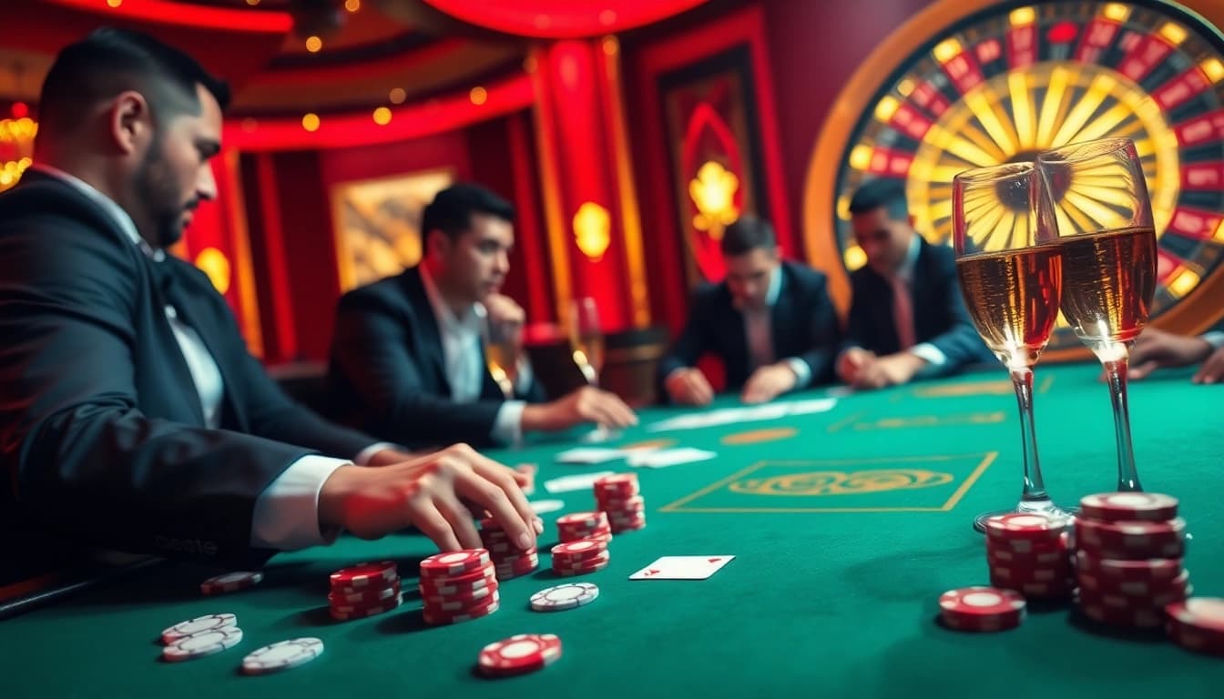 Ação de pôquer de altas apostas com elementos luxuosos de cassino destacando a emoção e o engajamento da 89e.