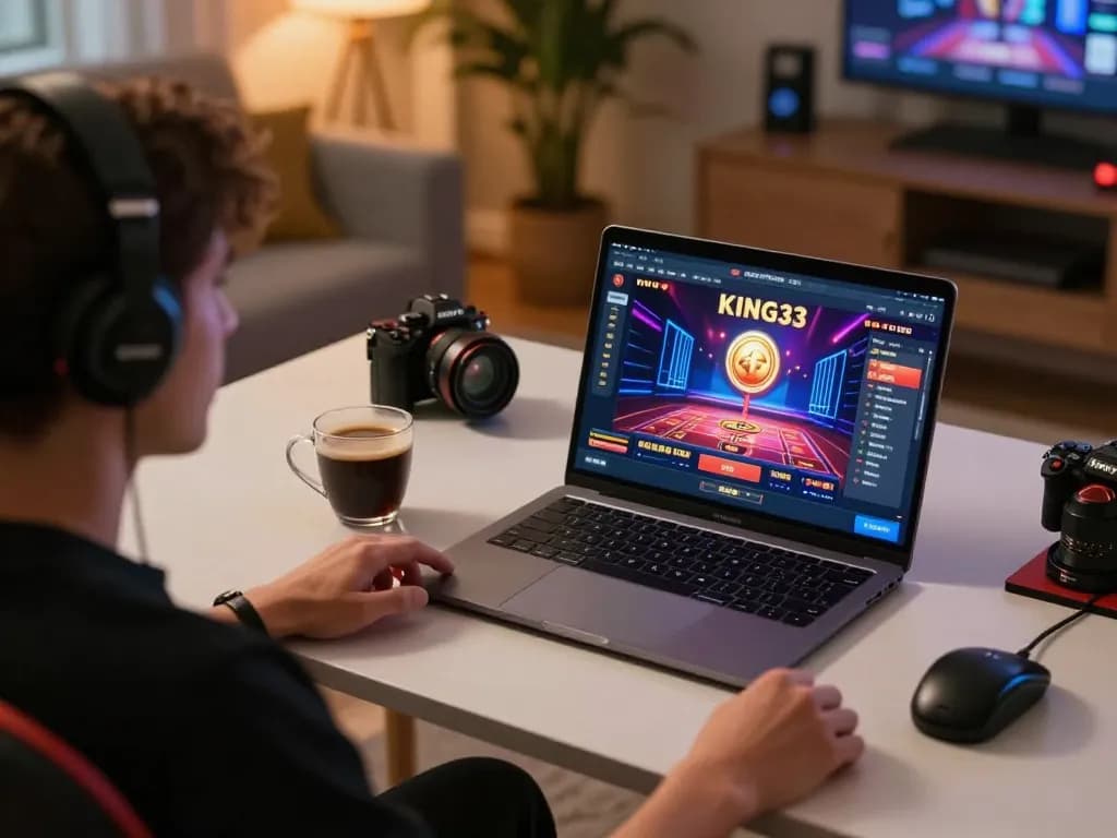 Engaging moment of a player using King33 for online casino betting at home.