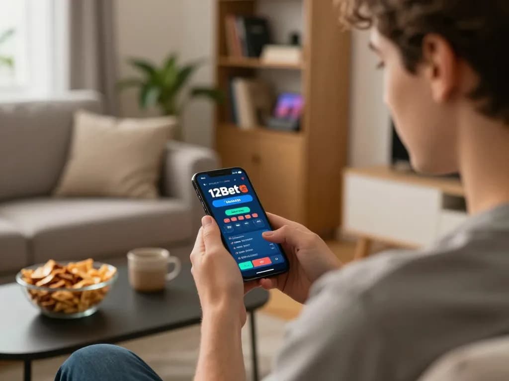 Usando o app 12Bet em um smartphone em uma sala de estar aconchegante enquanto desfruta de petiscos.