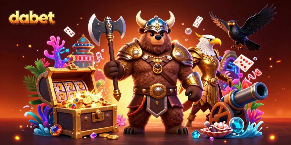 dabet Viking berserker and Valkyrie eagle celebrating wins with casino elements and gold coins.