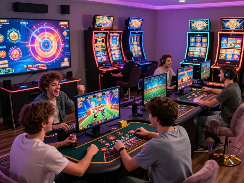 A group of players experiencing the excitement of AQ777 online gaming platform with colorful slot machines and interactive games in a cozy home environment.