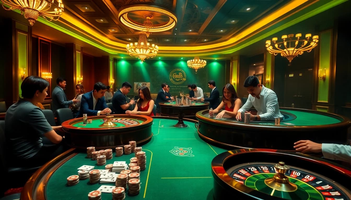 Thrilling casino gaming scene showcasing the excitement of https://rikvip11.info/ with players at poker and roulette tables.