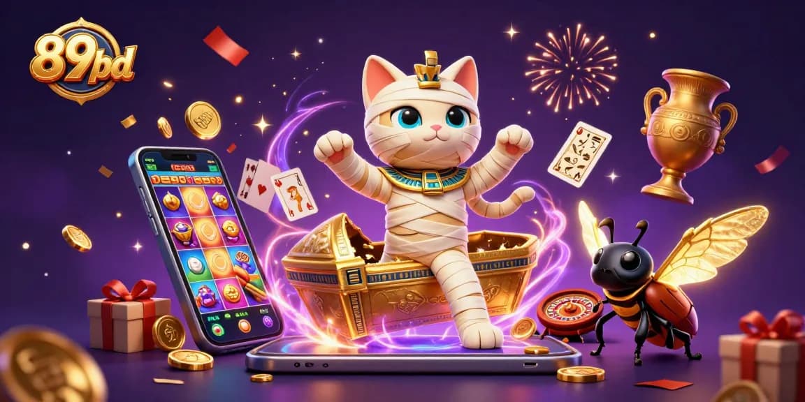 89bd players spin vibrant slots while celebrating with a cartoon mummy cat and glowing scarab.