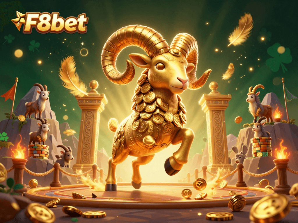 Join the action at F8bet with a golden ram charging through a vibrant casino atmosphere.
