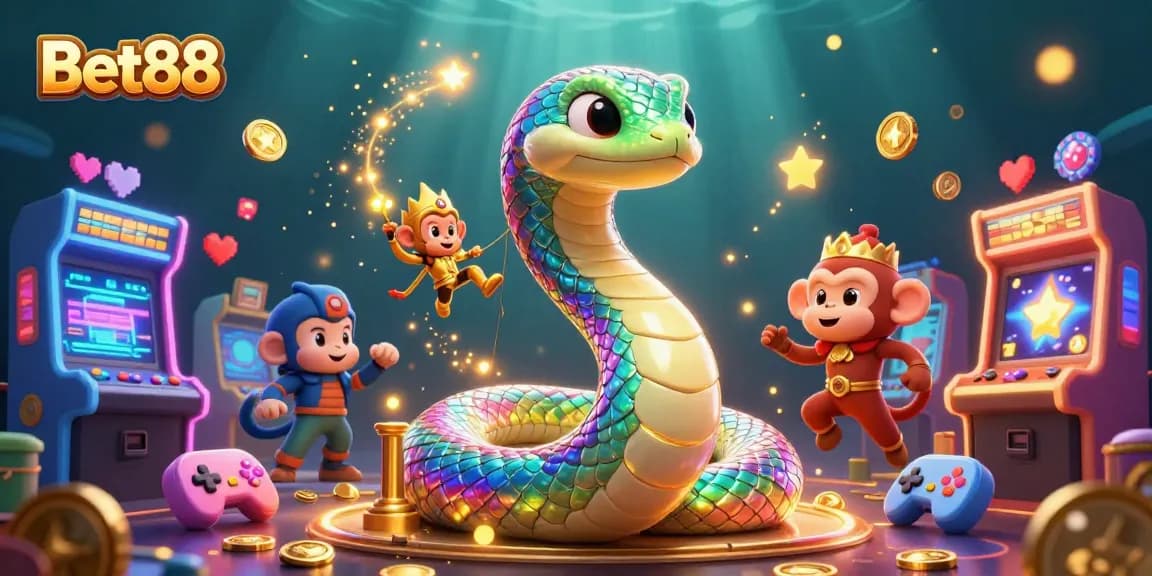 Bet88 offers vibrant gameplay with a colorful 3D illustration featuring engaging casino elements.