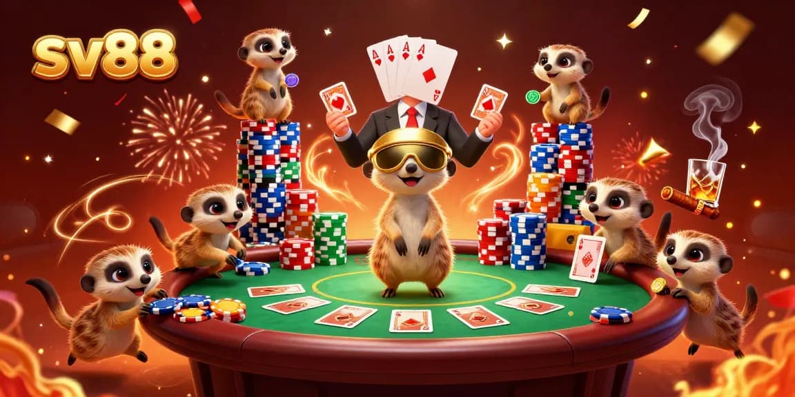 sv88 meerkats operating a lively casino with poker tables and colorful chips