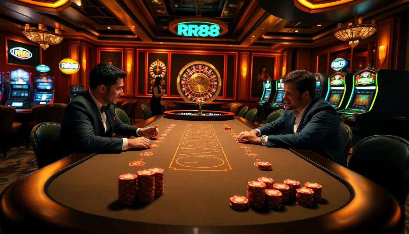 High-stakes poker action at RR88 casino, showcasing excitement and strategic gameplay.
