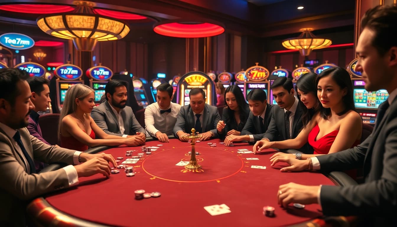Poker players strategizing their moves at a luxurious casino table with 7m betting slips.
