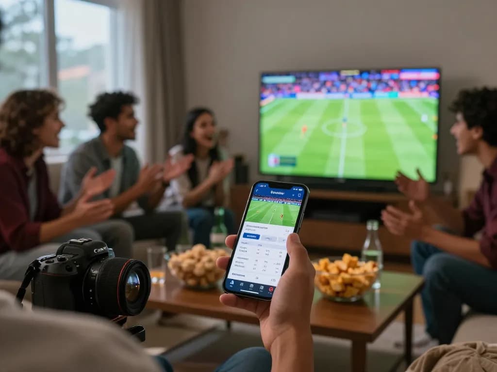 Socolive sports betting scene with a person using a smartphone while watching soccer.