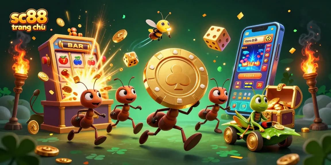 Experience sc88 trang chủ excitement with a heist team of ants carrying a giant poker chip in a colorful casino.