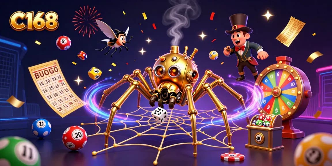 C168 engages players with exciting lottery balls and a whimsical golden spider illustration.