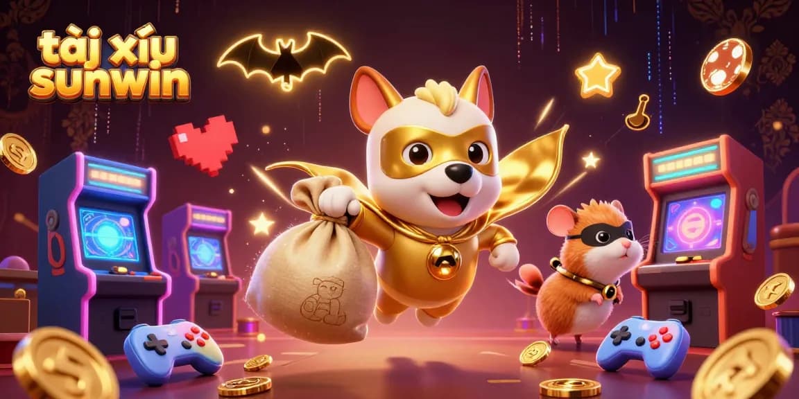 Tài xỉu sunwin game action illustrated with a superhero dog and sidekick in a vibrant casino scene.