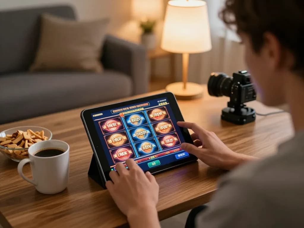 Engaged player at home on mk8 enjoying a tablet casino slot game with snacks.