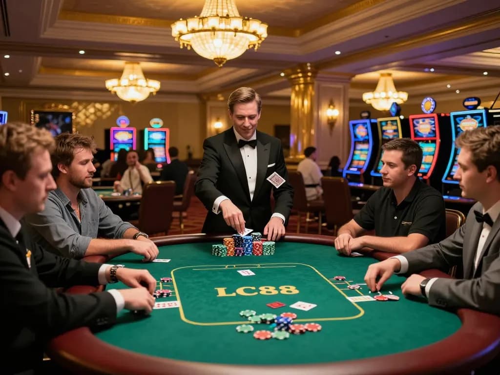 Players enjoying poker at LC88 com with colorful chips and dealer mid-action, creating an engaging atmosphere.