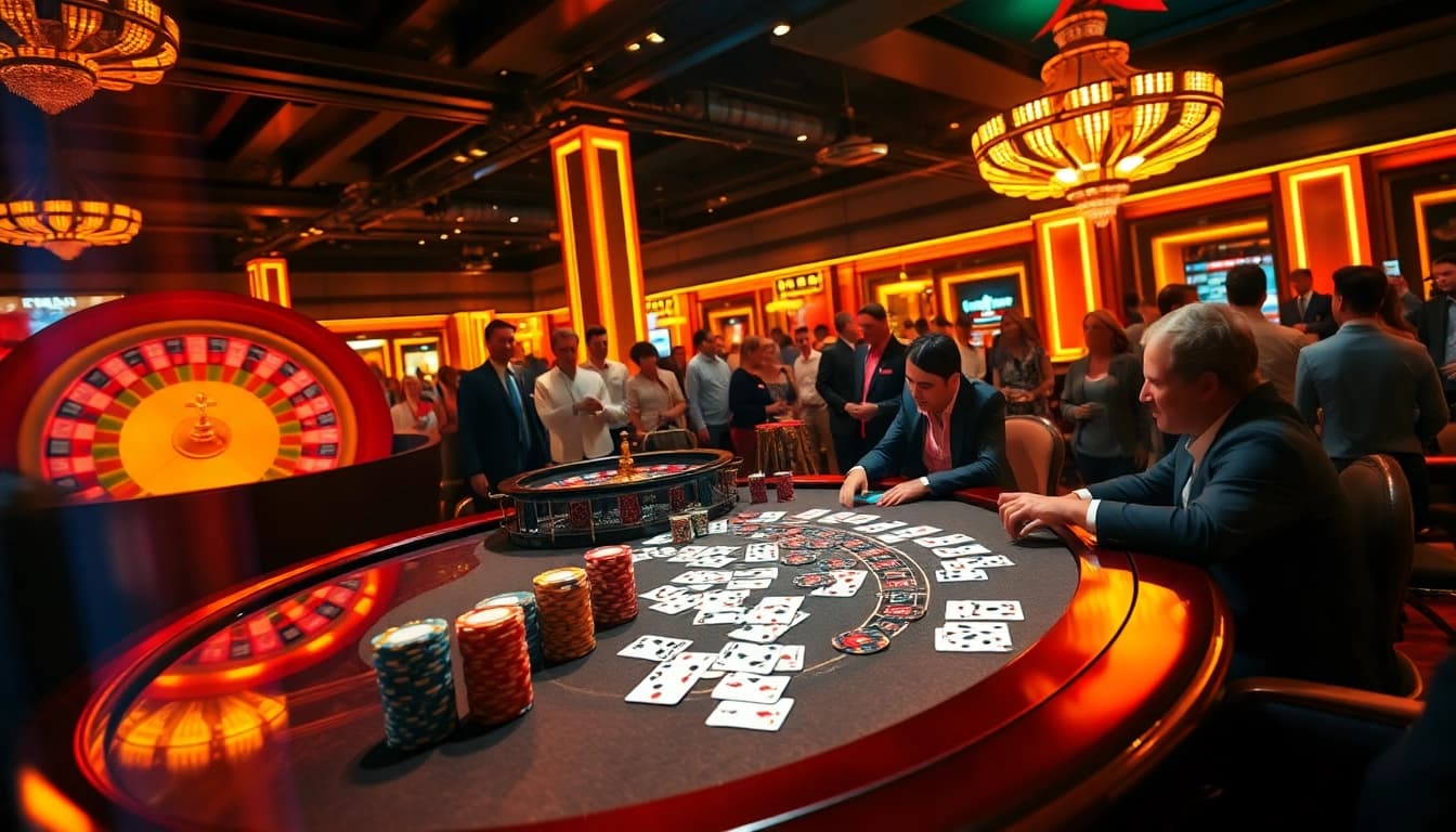 Experience the excitement of sunwin at a lively casino poker game with vibrant atmosphere.