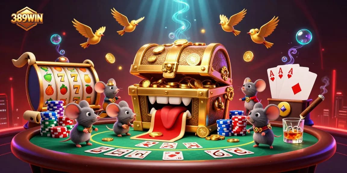 Spin the reels at 389WIN and uncover treasures in this vibrant casino illustration.