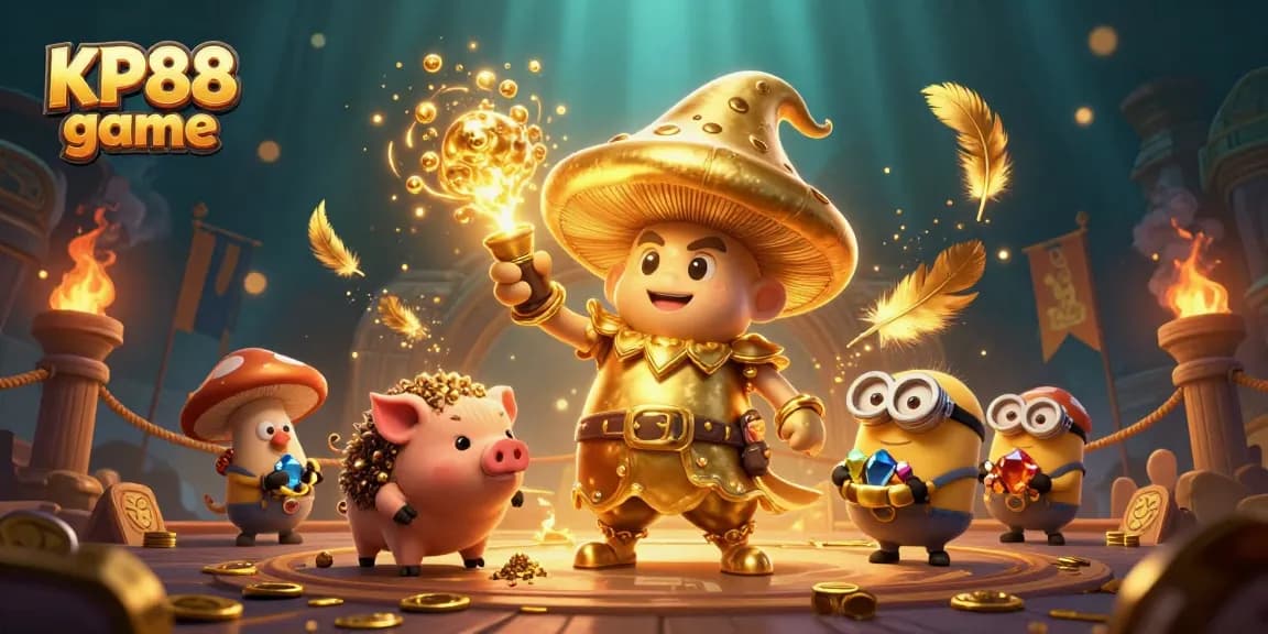 Experience the magic of KP88 game with the golden wizard and treasure seekers in an enchanting casino scene.