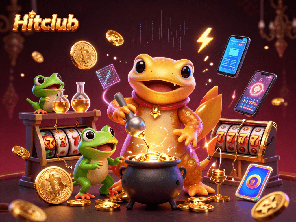Hitclub unveils vibrant 3D illustration featuring characters crafting gold coins alongside blockchain elements.