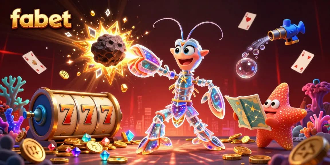 Engage with fabet's thrilling slot experience, featuring a galactic mantis shrimp amid exploding gems and coins!