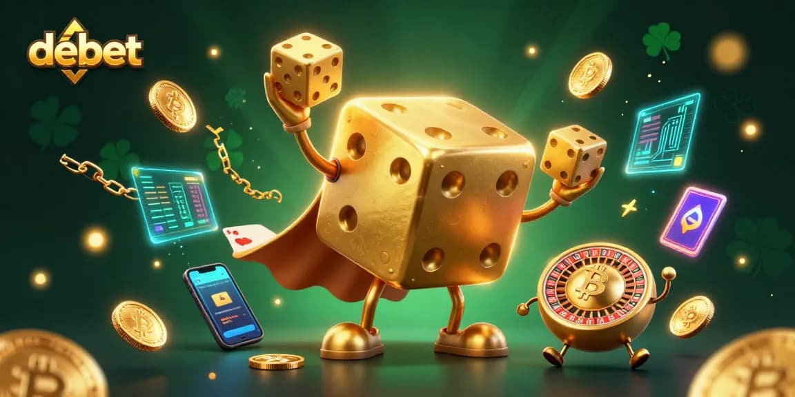 Engage with debet gaming strategies through a vibrant 3D illustration of a dice golem and crypto elements.