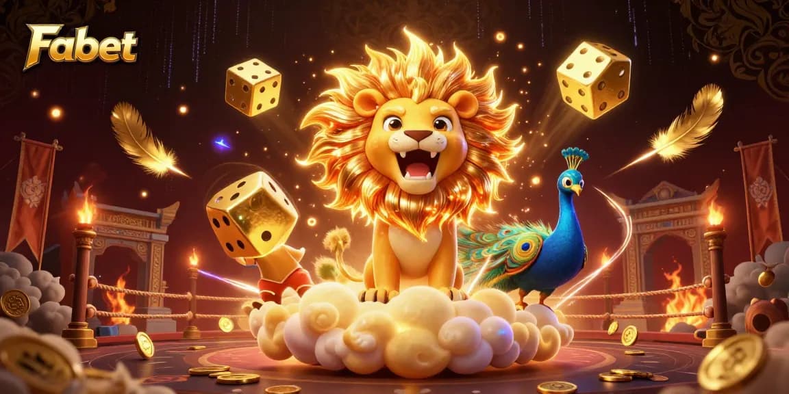Experience thrilling gameplay with Fabet's vibrant 3D casino scene featuring a roaring lion and golden dice.