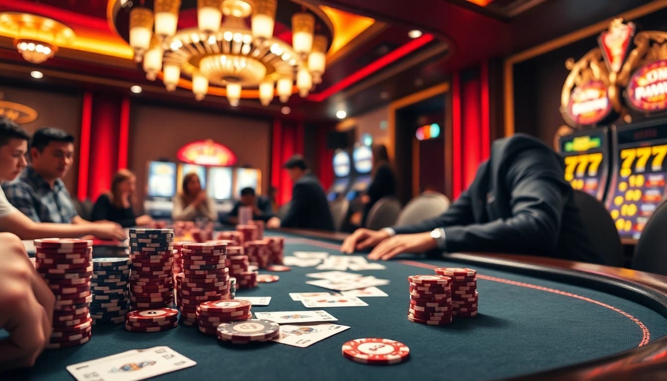 Players enjoying a thrilling game at 99win’s stylish poker table amidst a vibrant casino atmosphere.
