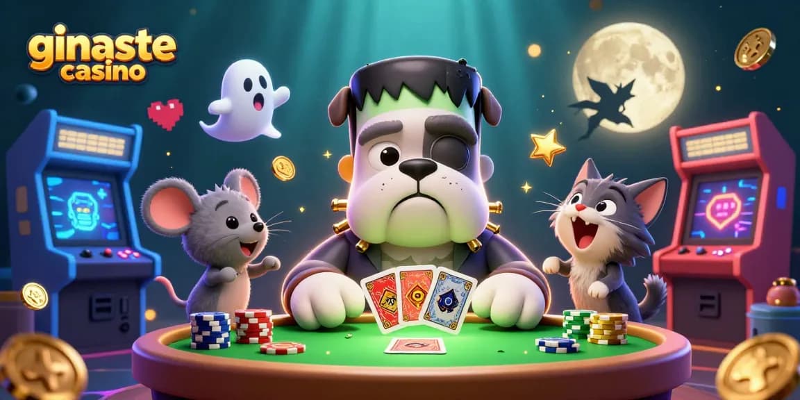 Check out this vibrant ginaste casino scene featuring a Frankenstein bulldog and a ghost mouse.