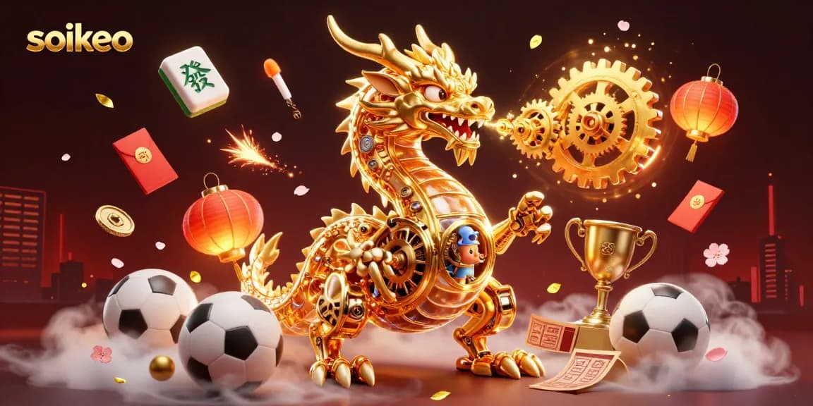 Engage with soikeo's thrilling sports betting world, featuring a dynamic golden dragon breathing gears as you place your bets.