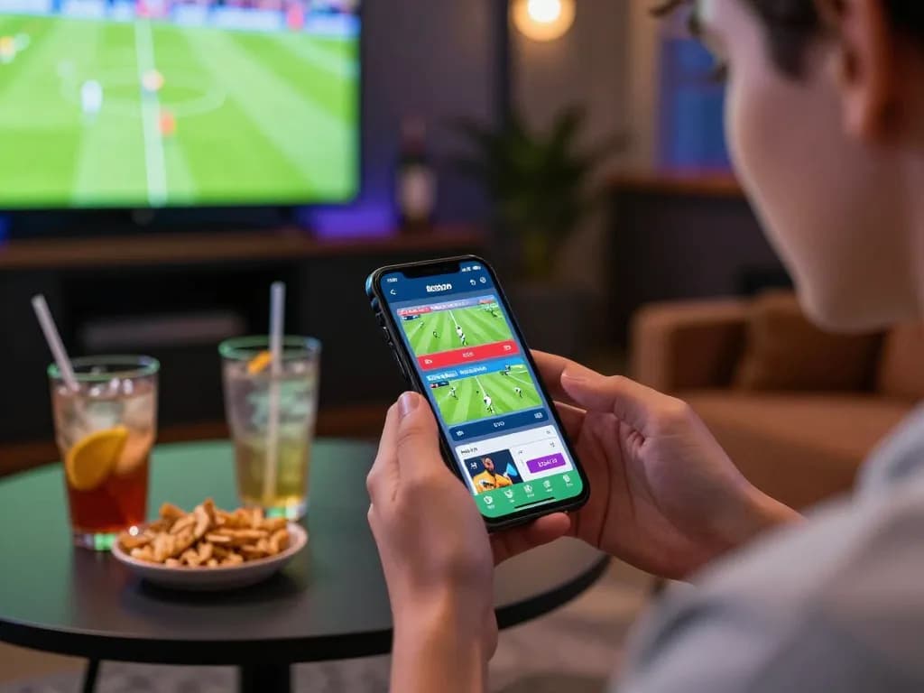 Soi kèo bóng đá action with sports betting app in hand, capturing exciting match odds and betting options.