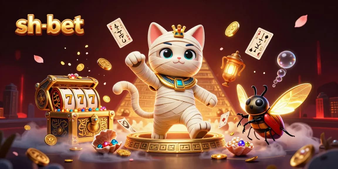 Experience vibrant gameplay action with sh-bet's 3D illustration of a cat mummy and treasures in a pyramid casino.